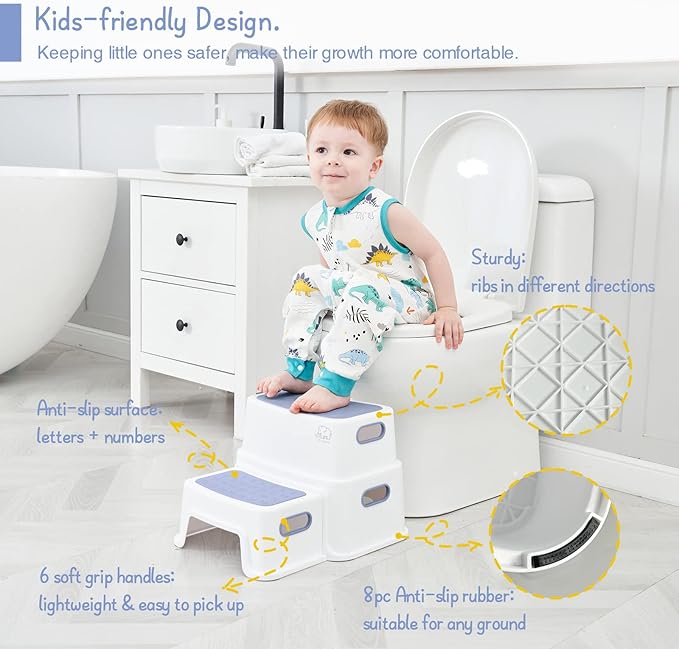 Forbena Kids Step Stool for Bathroom, 2 Step Stool for Toddlers Toilet Potty Training, Sturdy Children Plastic Step Stool for Bed Bathroom Counter Sink (White-Blue)