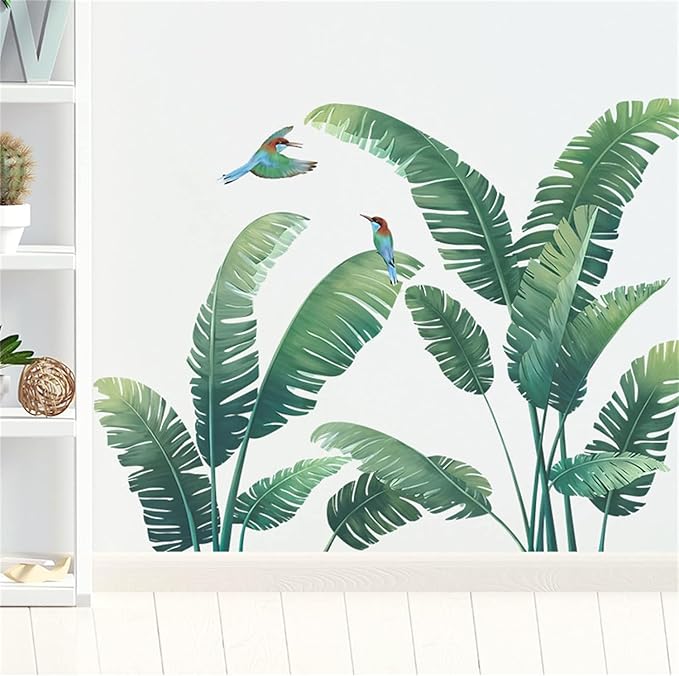 Green Plant Wall Stickers, Tropical Rainforest Monstera Leaf Decal Natural Palm Leaves Nordic Green Leaf Plants Banana Leaf Bird Wall Mural Bedroom Living Room Office Decoration Wallpaper… (plant1)
