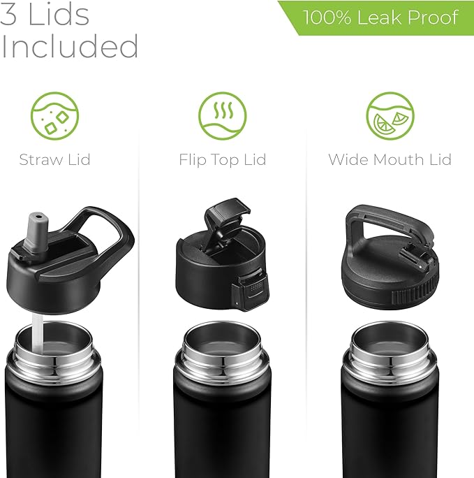 SipX™ Triple-Insulated Stainless Steel Water Bottle 18oz. With 3 Lids, BPA-Free Reusable Insulated Water Bottle Keeps Cold 24 Hours, Metal Water Bottle Made Of Sustainable Material For Hiking & Biking