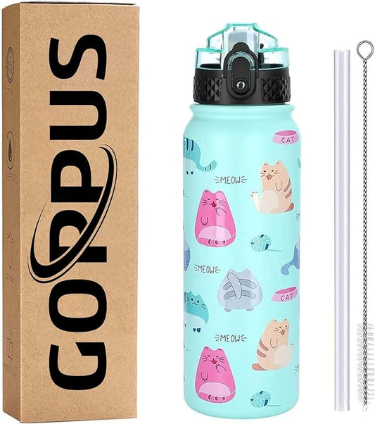 GOPPUS Kids Water Bottle with Straw Lid 20 oz Cat printing Double Walled Metal Insulated Stainless Steel Sports Water Bottles Leak Proof with Strap Handle for Boys Girls School(Green Cat 1 Lid)