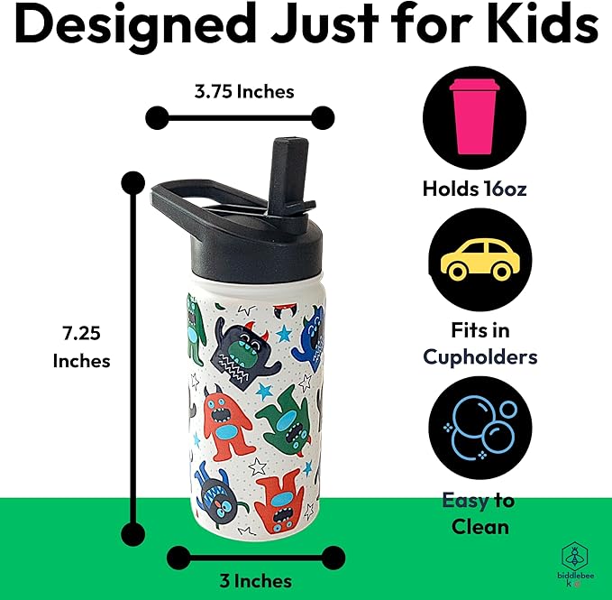 Biddlebee Kids Water Bottle with Straw Lid | 14oz Insulated Stainless Steel Reusable Bottles for School | Leak Proof Cap with Handle & Touch Free Spout | Great for Boys & Girls