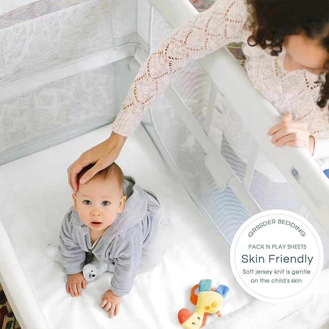 GRSSDER Mini Crib Sheets Fitted, Pack and Play Sheets 2 Pack, Ultra Soft Stretchy Pack N Play Sheets, Universal Fit for Playard Mattress, Jersey Crib Sheets Neutral for Boys and Girls, Gray/White