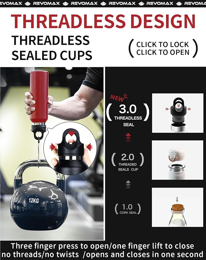 Threadless Vacuum Insulated Water Bottle - Effortless One-Hand Operation, Twist-Free, No-Screw Design - 36H Cold, 18H Hot Retention with Pressure Release Valve - 20OZ