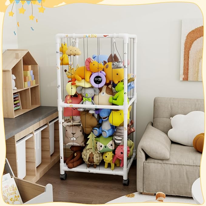 Extra Large Stuffed Animal Zoo Cage with Wheel, Stuffed Animal Storage Shelves Display, Plush Animal Storage Holder for Stuffed Animals, Playroom, Bedroom, Nursery, Kids Toy Storage Organizer