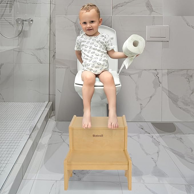 Step Stool for Kids, Wooden Toddler Step Stool for Bathroom Sink with Safety Anti-Slip Mat and Strip, Assembly Easily, Sturdy Kid Step Stool for Brushing Teeth, Kitchen, Toilet Potty Training