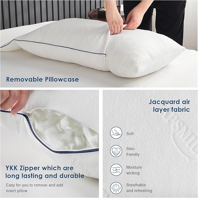 APSMILE Shredded Memory Foam Pillows Queen Size Set of 2, Adjustable Luxury Cooling Pillows for Neck Pain, Hotel Firm Bed Pillows for Sleeping, Essentials for Side/Back Sleeper (White,18"x28")
