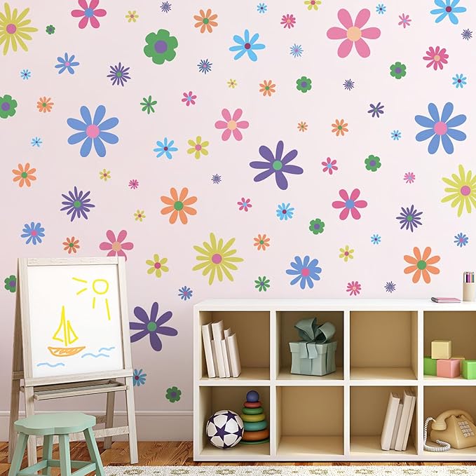Amaonm 12 Sheets Large Daisy Wall Decals DIY Boho Sunflower Wall Stickers Peel and Stick Colorful ins Daisy Floral Wall Decor for Nursery Little Girls Teens Bedroom Living Room (9 Sheets of 90pcs)