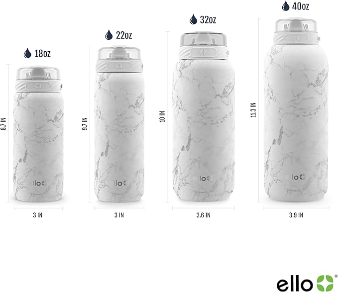 Ello Cooper 18oz Stainless Steel Water Bottle with Straw and Carry Handle, Double Walled and Vacuum Insulated Metal, Leak Proof Locking Lid with Soft Silicone Spout, Reusable, BPA Free, White Marble