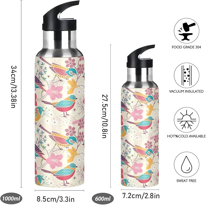 ALAZA Floral Birds Print Water Bottle With Straw Lids Boys Girls,Vacuum Insulated Leakproof Stainless-Steel Sports Bottle Thermal Flask For Gym Yoga Camping,34Oz (1000Ml)
