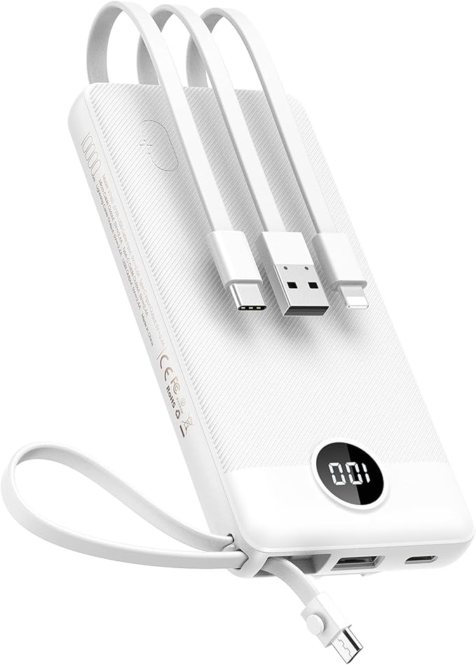 VEEKTOMX Portable Charger with Built-in Cables - 10000mAh Power Bank for iPhone - Slim Fast Charge USB C Battery Pack - Small Travel Essentials Powerbank, Compatible with iPhone, Samsung, Android, etc