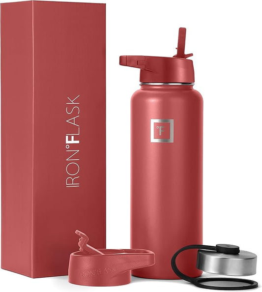 IRON °FLASK Sports Water Bottle - 40 Oz 3 Lids (Straw Lid), Leak Proof - Stainless Steel Gym & Sport Bottles for Men, Women & Kids - Double Walled, Insulated Thermos, Metal Canteen, Rusty Red