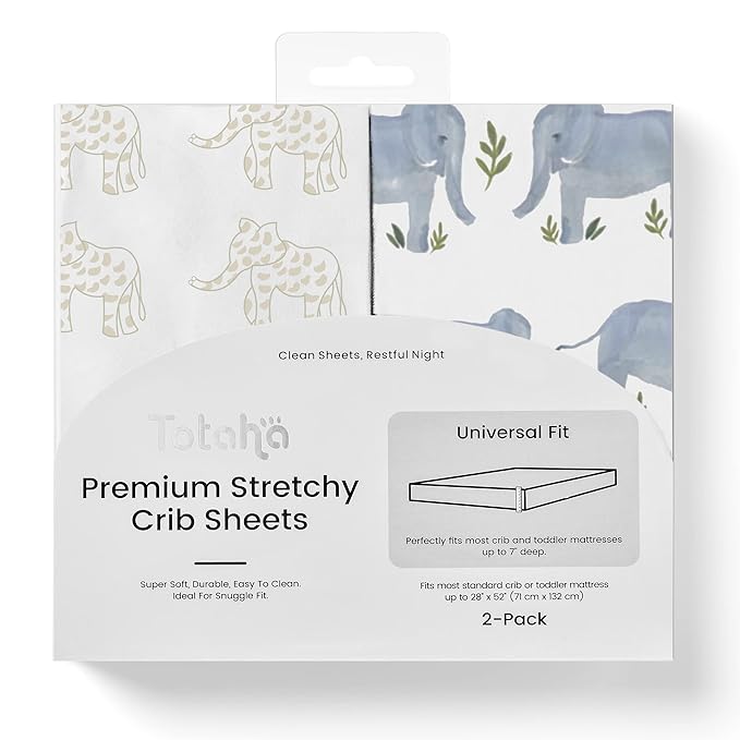TotAha Premium Stretchy Crib Sheets (2-Pack)-Hypoallergenic, Silky Comfort, Buttery Soft, Calming Effect, All-Season Jersey-Knit Sheets, 9'' Extra Deep Pocket (Belgian & Blue Painted Elephant)