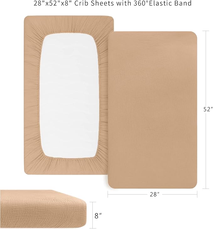 Konssy Muslin Fitted Crib Sheets 100% Cotton Baby Crib Sheets for Standard Crib Mattress (28 X 52 Inches), Soft and Breathable for Boy, Girl (Sepia)