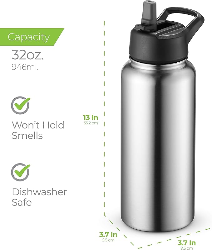 SipX™ Triple-Insulated Stainless Steel Water Bottle 32oz. With 3 Lids, BPA-Free Reusable Insulated Water Bottle Keeps Cold 24 Hours, Metal Water Bottle Made Of Sustainable Material For Hiking & Biking