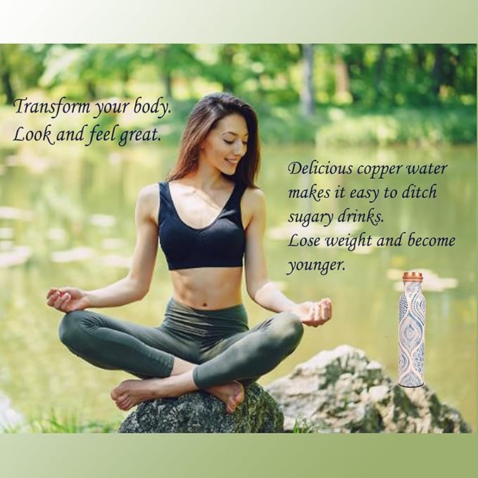 Pure Copper Water Bottle - Handcrafted - Ayurveda health benefits - Large 35 oz - Leak proof - Easy to carry for Sports, Fitness, Yoga, School - Sky Blue Artistic Patterns Enamel