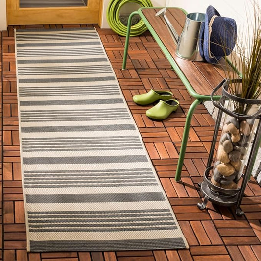 SAFAVIEH Courtyard Collection 2'3' x 10' Grey/Bone CY6062 Stripe Indoor/ Outdoor Patio Backyard Mudroom Runner Rug