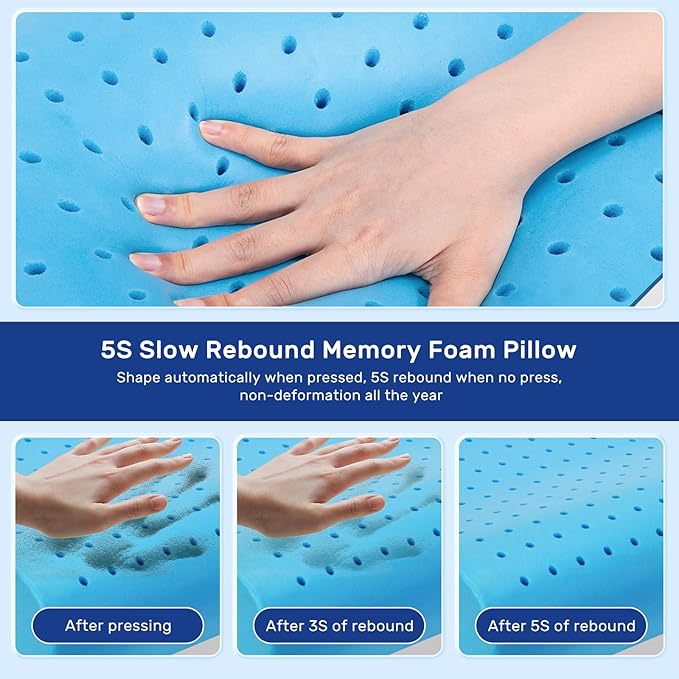 Cooling Pillow for Hot Sleepers Memory Foam Pillow Neck Contour Cervical Orthopedic Pillow for Sleeping Side Back Stomach Sleeper, Ergonomic Bed Pillow for Neck Pain-Blue White