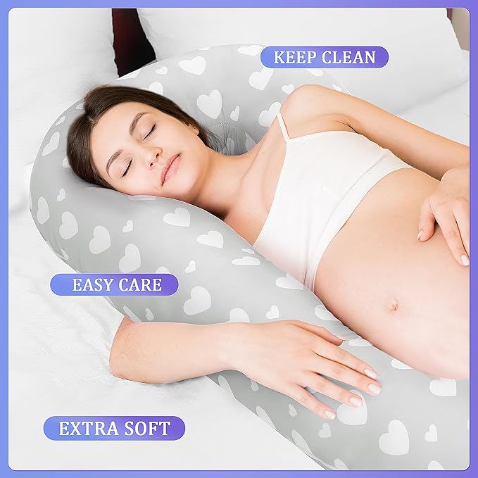 Floral Soft Pregnancy Pillow Cover (ONLY Pillowcase), C Shaped Luxurious Velvet Maternity Pillow Cover with Hidden Zip, Warm Large Pillow Protector for Side Sleeper, Grey, 60x34 in