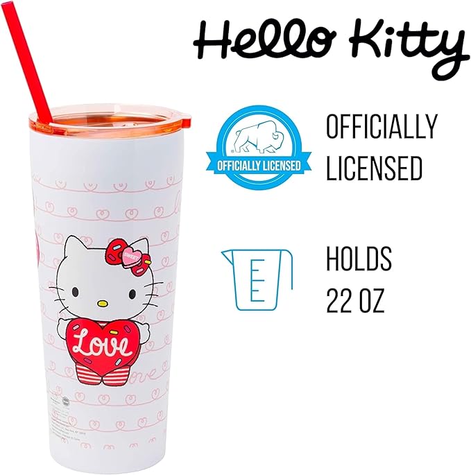 Silver Buffalo Hello Kitty Heart Balloons Double Walled Stainless Steel Tumbler with Straw, 22 Ounces