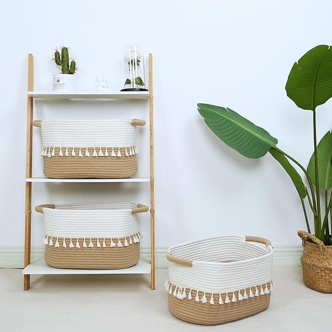 TeoKJ Woven Storage Bin Set of 3, Cotton Rope Basket for Storage, Clothes Boho Storage Basket Bin for Organizing and Storage, Fabric Storage Basket for Books, Plants, Pet Treats, White & Jute