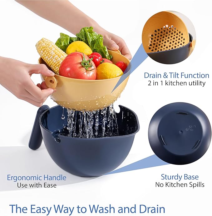 Chef's Path 2 in 1 Kitchen Strainer and Colander for Kitchen, Multifunctional Food Strainer Set, BPA Free Plastic Colander with Handle, Pasta Drainer, Veggie and Fruit Cleaner -Multicolor