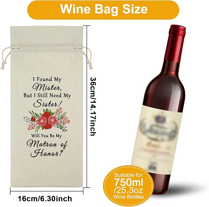 Matron of Honor Proposal Gifts Wine Bag Gifts for Bridal Party from Bride on Wedding Day Thank You Gifts Wine Bottle Decoration Bag Bridal Shower Gifts Ideas Wine Accessories Gifts for Wine Lovers