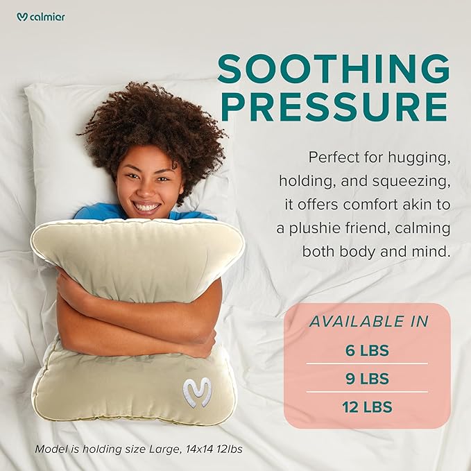 Calmier - 6 lb Sensory Weighted Pillow - Glass Bead Filled Hug Pillow - Ultra Plush Cozy Weighted Pillows for Adults and Kids - Child Sensory Pillow - Weighted Lap Pad (Tan - Minky, 6 LBS)