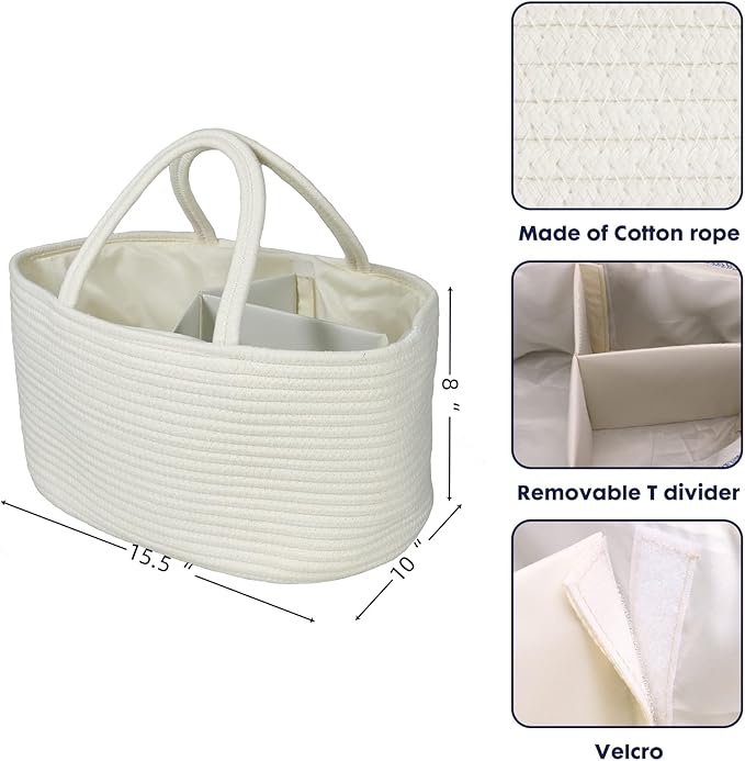 Large Baby Diaper Caddy Organizer for Girl Boy Rope Nursery Storage Bin Basket Portable Holder Tote Bag for Changing Table Car Travel Baby Shower Gifts Newborn Essentials Registry Must Haves White