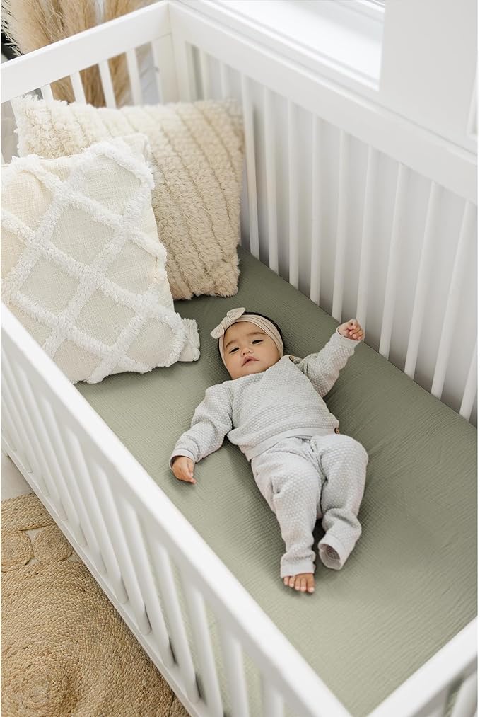 Konssy Muslin Fitted Crib Sheets 100% Cotton Baby Crib Sheets for Standard Crib Mattress (28 X 52 Inches), Soft and Breathable for Boys Girls (Fog Green)