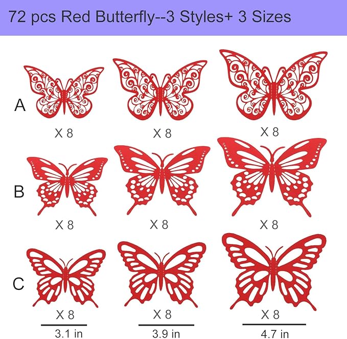 72Pcs 3D Butterfly Wall Decor 3 Sizes 3 Styles, Butterfly Decorations Party Birthday Cake Decoration, Removable Butterfly Wall Stickers for Kids Nursery Wedding Bedroom Room Decor(Red)