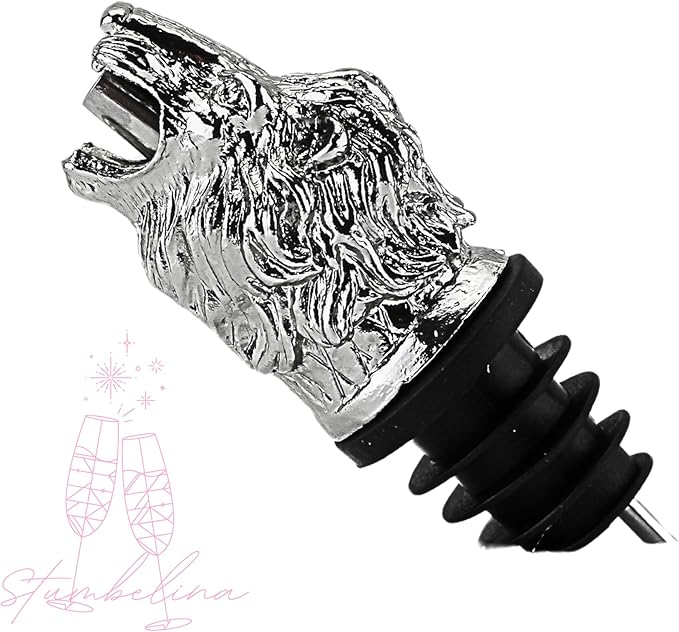 Wine & Champagne Pourer | Silver Color Stainless Steel | Bottle Stopper Aerator for Whiskey and Liquor | Decanter and Bar Tools Accessories and Gift Set Ideas for Her and Him (LION)