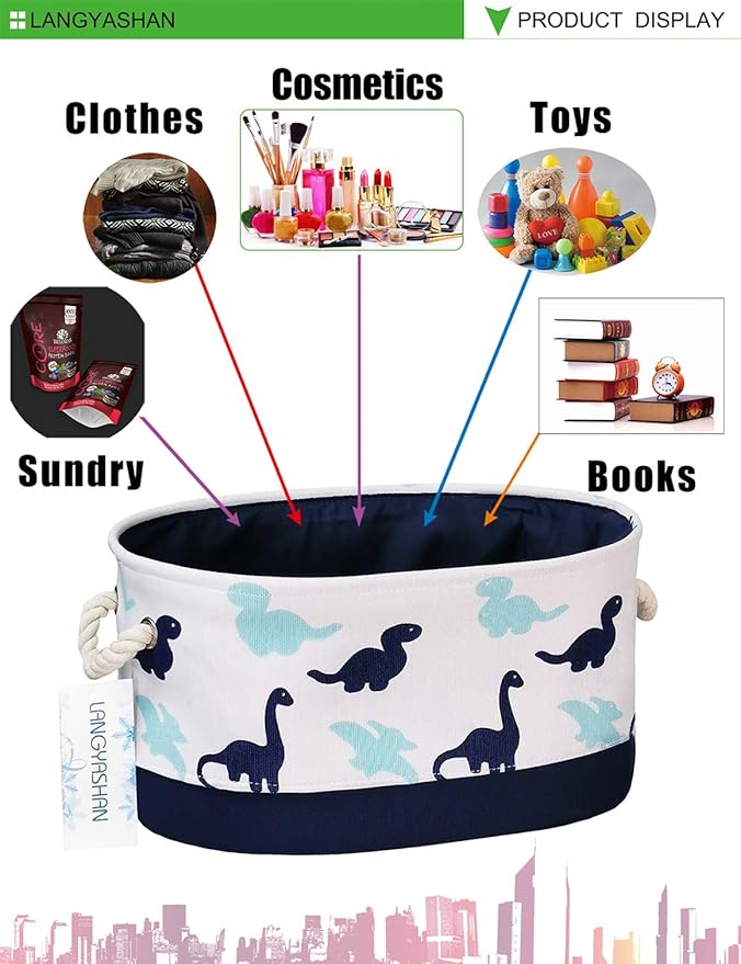 LANGYASHAN Oval Storage Basket Collapse Canvas Fabric Cartoon Storage Bin with Handles for Organizing Home Kitchen Boys and Girls Toy Office Closet Shelf Baskets (Dinosaur)