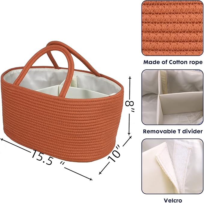 Large Baby Diaper Caddy Organizer for Girl Boy Rope Nursery Storage Bin Basket Portable Holder Tote Bag for Changing Table Car Travel Baby Shower Gifts Registry Must Haves Rustic