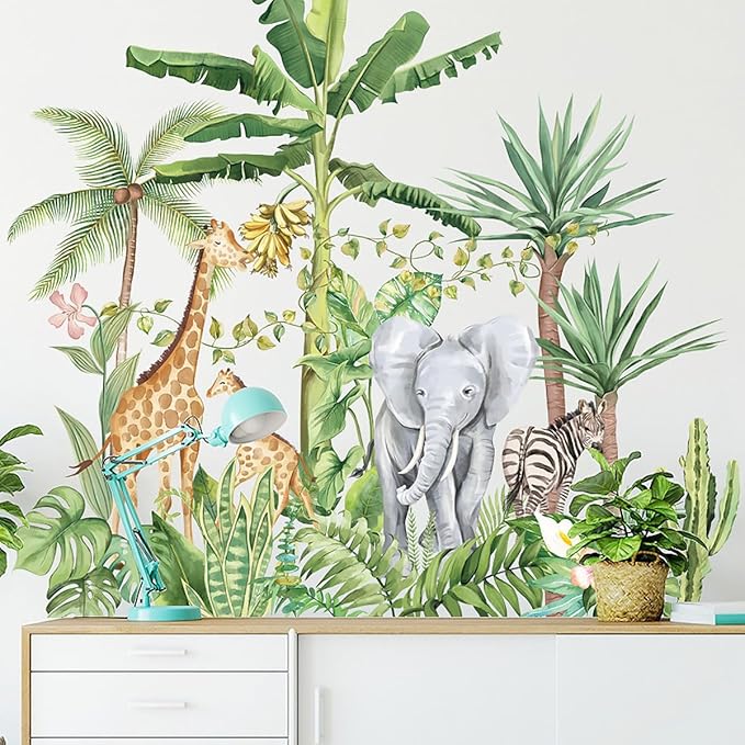 Large Jungle Animals Wall Decals Nordic Plant Wall Sticker Elephant Giraffe Zebra Wall Stickers for Baby Nursery Kids Room Playroom Wall Decor