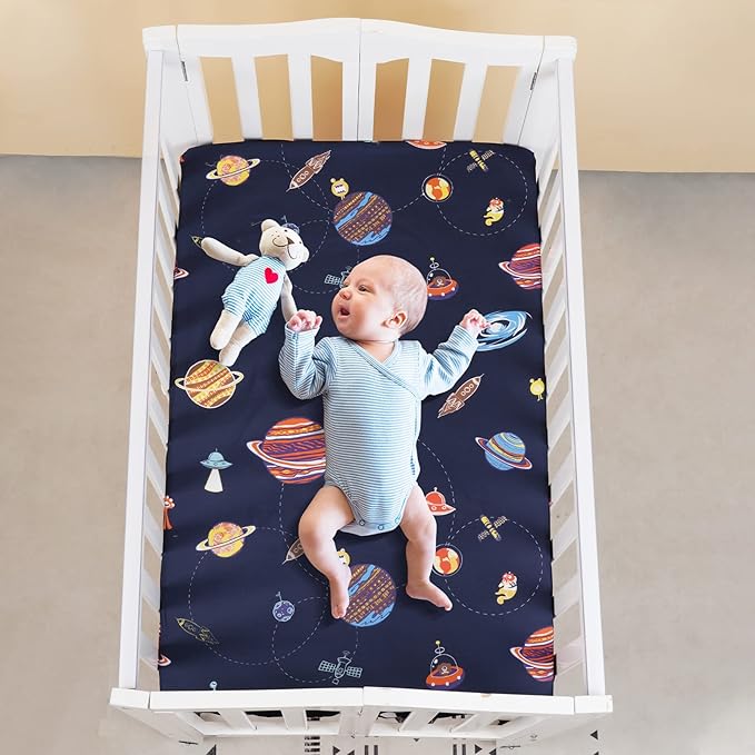 PHF Soft Mini Crib Sheet Set, 2 Pack Silky Comfy Pack N Play Sheets for Boys Girls, Universal Fit for Pack N Play, Playard and Mini Crib Mattresses, Space