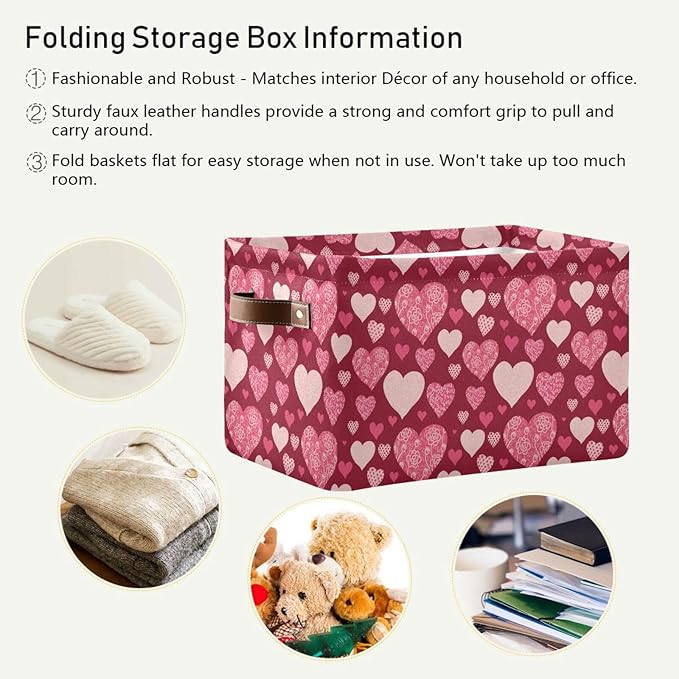 Happy Valentine's Day Storage Basket Fabric Kitchen Baskets Valentines Pink Purple Love Heart Open Home Storage Bins Boxes Foldable Organizer Bag Cloth Toy Book Shelf Closet Baskets 16×12×8 Inches