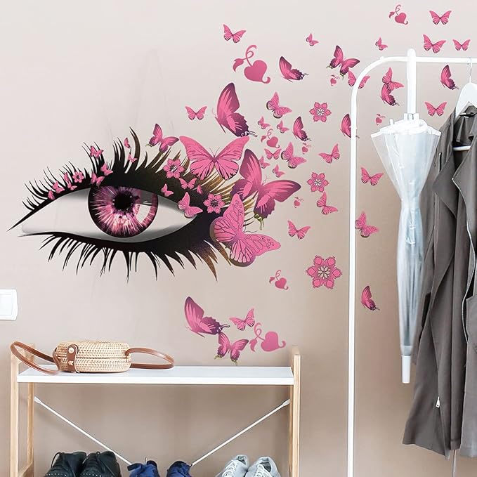 Pink Girl Eyes Wall Stickers Flying Butterfly Wall Decals Beautiful Girl Heart Wall Decor Vinyl Wall Art Butterflies Wall Decor Stickers for Women Girls Bedroom Living Room Decoration