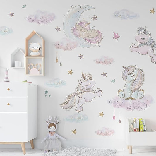Unicorn Wall Decals for Kids by Lipastick - 126 pcs Unicorn Wall Stickers Peel and Stick - Wall Decals for Girls Kids Baby Nursery Bedroom - Kids Colorful Decals Glittered Moon Stars Clouds M Size