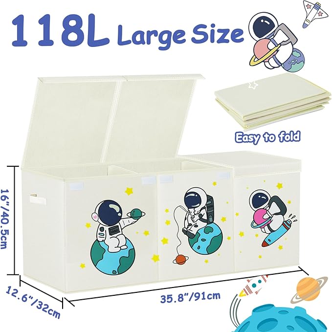 Toy Storage Box with Lid,Extra Large Toy Box Chest Bin Organizer Basket with Dividers for Toddlers,Kids,Boys,Girls,Living Room Area (Beige Astronaut)