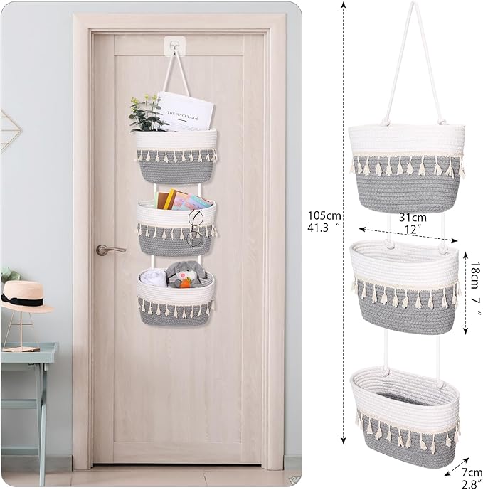 Over The Door Hanging Basket Boho Woven Wall Hanging Baskets 3-Tier Cotton Wall Mounted Storage Organizer Bag Macrame Decorative Hanging Baskets for Kitchen Laundry Room Stairs(Gray, White)