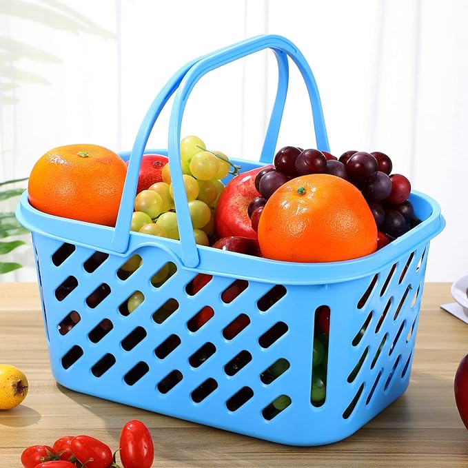 Alipis Play Grocery Basket Mini Shopping Basket Plastic Grocery Basket with Handle, Toys Storage Organizer Kitchen Storage Baskets, Blue, 2Pcs