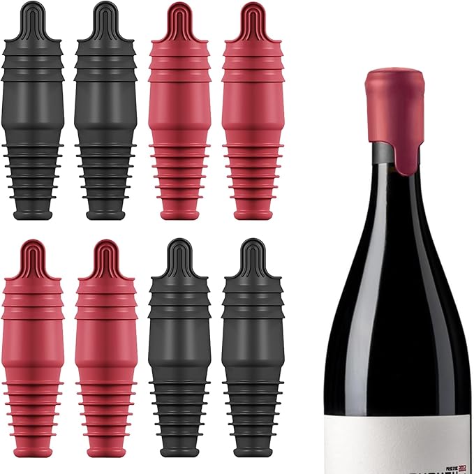 Silicone Wine Stopper Reusable Wine Bottle Stopper, 8Pcs Champagne Stoppers for Bottles, Food Grade Rubber Wine Stoppers for Wine Bottles (Black+Red)