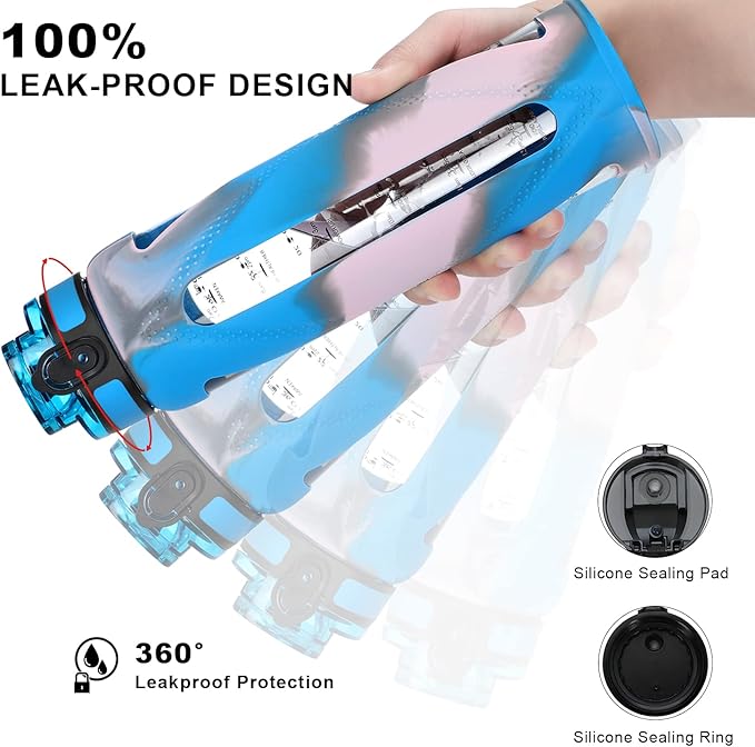 Glass Water Bottles with Straw and Flip Lid, Motivational Water Bottles with Time Marker Reminder and Silicone Sleeve, Leakproof, BPA Free (32 oz, Blue Grey & Pink)