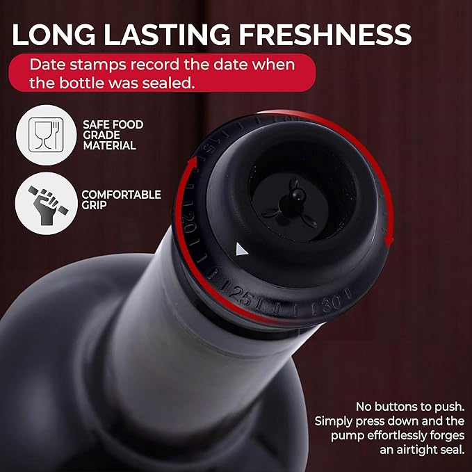 Levare Rechargeable Wine Saver Vacuum Pump Sealer - USB-C Charger, 4 Universal Bottle Stopper Plugs - Prolong Wine Freshness Effortlessly for Days After Uncorking