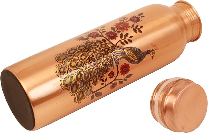 Pure Copper Water Bottle - Handcrafted - Ayurveda health benefits - Large 35 oz - Leak proof - Easy to carry for Sports, Fitness, Yoga, School - Natural Copper Finish Peacock Motif Enamel