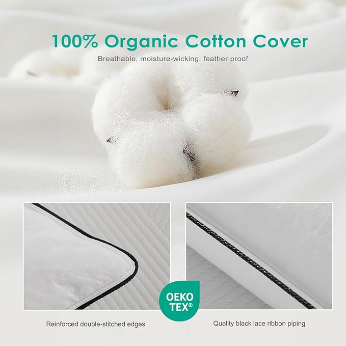 APSMILE Deep Sleep Feather Pillows Standard Size Set of 2, Hotel Collection AirF™ Goose Down Pillow Inserts with Organic Cotton Cover, Medium Bed Pillows for Sleeping (White, 20"x26")
