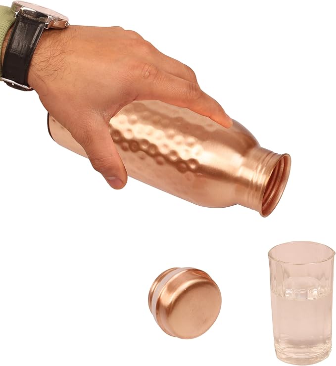 Pure Copper Water Bottle - Handcrafted - Ayurveda health benefits - Small 15 oz - Leak proof, Easy to carry for Sports, Fitness, Yoga, School - Natural Hammered Beaten Copper Finish