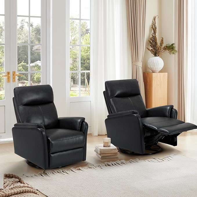 Swivel Rocking Recliner Glider Chair, Leather Reclining Rocker Chair with Footrest for Living Room, Nursery, Office, Bedroom, Ergonomic High Backrest, Wide Seat Cushion and Metal Base-Charcoal