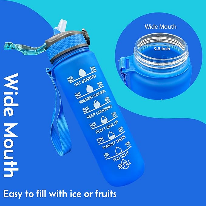 Yaa Fresh Water Bottles, 32oz Motivational Sports Water Bottle with Time Marker-Times to Drink-Tritan, BPA Free, Leakproof water bottle (1 Pack) (Blue), 1101-1