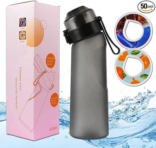 Water Bottle with Flavor Pods,Fruit Fragrance Water Bottle,Scent Water Cup,Sports Water Cup Suitable for Outdoor Sports (Black-21.9 Oz/650ml)+2Pods